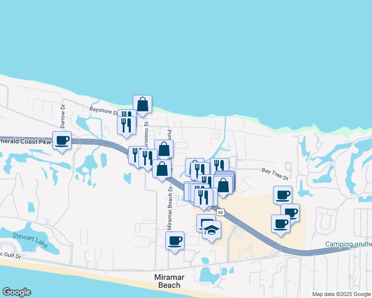 map of restaurants, bars, coffee shops, grocery stores, and more near 82 Legion Park Loop in Miramar Beach
