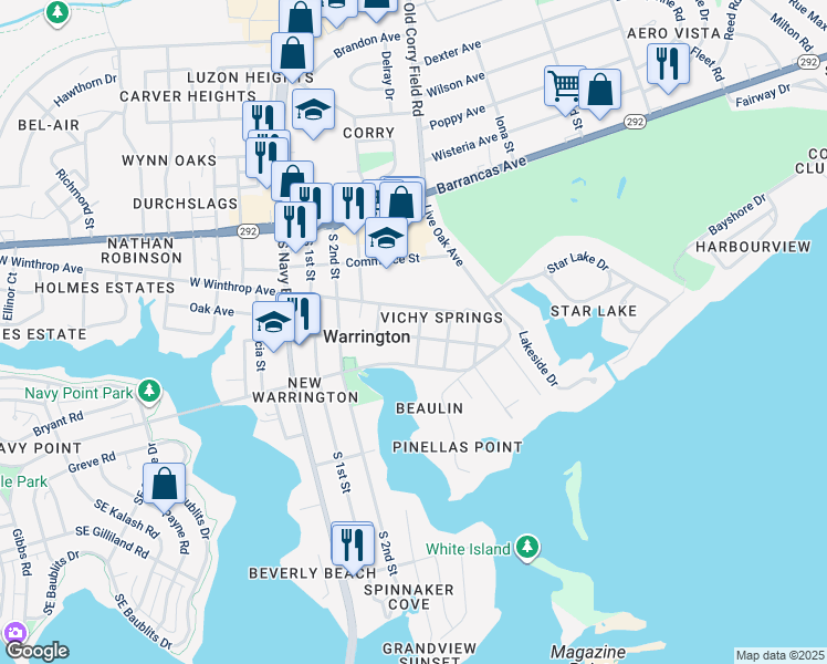 map of restaurants, bars, coffee shops, grocery stores, and more near 231 Hallock Street in Pensacola
