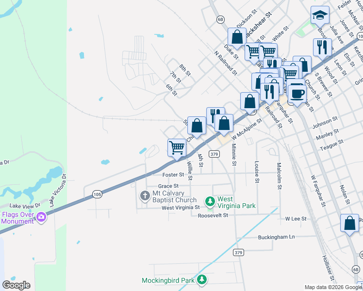 map of restaurants, bars, coffee shops, grocery stores, and more near 203 3rd Street in Navasota
