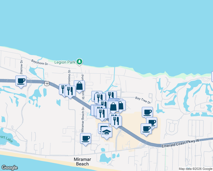 map of restaurants, bars, coffee shops, grocery stores, and more near 122 Mandevilla Lane in Destin