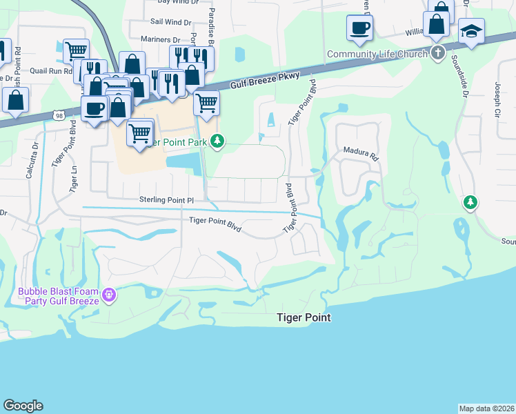 map of restaurants, bars, coffee shops, grocery stores, and more near 3908 India Cove in Gulf Breeze