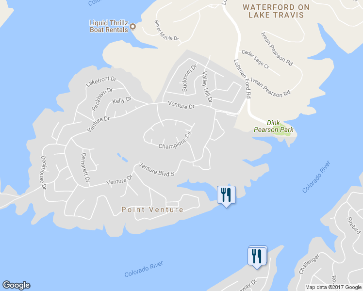 map of restaurants, bars, coffee shops, grocery stores, and more near 18662 Champions Circle in Lago Vista