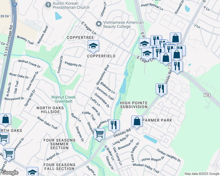 map of restaurants, bars, coffee shops, grocery stores, and more near 12101 Sunderland Drive in Austin
