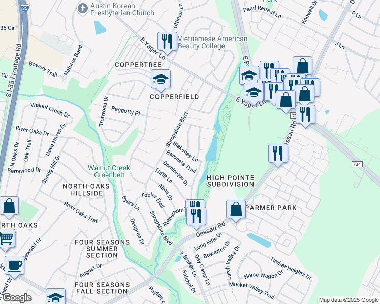map of restaurants, bars, coffee shops, grocery stores, and more near 12101 Sunderland Drive in Austin