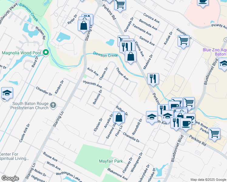 map of restaurants, bars, coffee shops, grocery stores, and more near 9323 Hyacinth Avenue in Baton Rouge