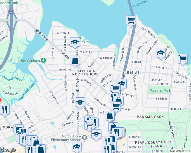 map of restaurants, bars, coffee shops, grocery stores, and more near 7224 Barberie Street in Jacksonville