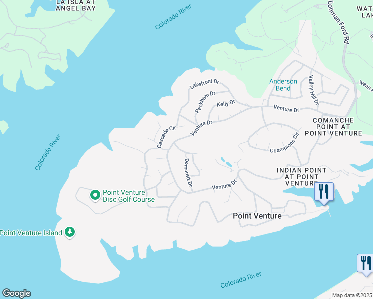 map of restaurants, bars, coffee shops, grocery stores, and more near 500 Demarett Drive in Lago Vista