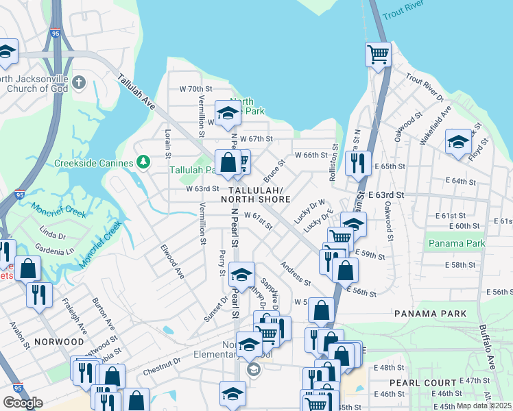 map of restaurants, bars, coffee shops, grocery stores, and more near 250 West 62nd Street in Jacksonville