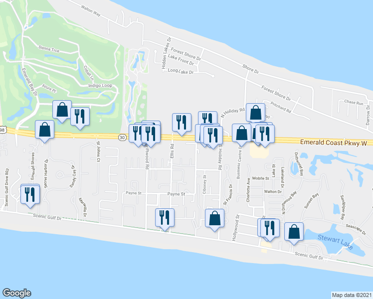 map of restaurants, bars, coffee shops, grocery stores, and more near 45 Professional Court in Miramar Beach