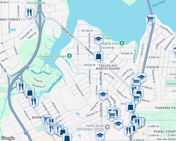 map of restaurants, bars, coffee shops, grocery stores, and more near 375 West 61st Street in Jacksonville