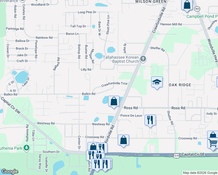 map of restaurants, bars, coffee shops, grocery stores, and more near 943 Balkin Road in Tallahassee