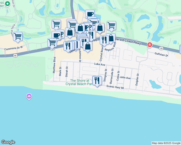 map of restaurants, bars, coffee shops, grocery stores, and more near 4446 Ocean View Drive in Destin