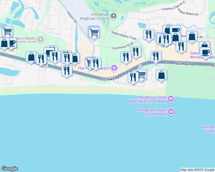 map of restaurants, bars, coffee shops, grocery stores, and more near 1150 U.S. 98 in Destin