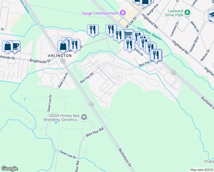 map of restaurants, bars, coffee shops, grocery stores, and more near 777 Ben Hur Road in Baton Rouge