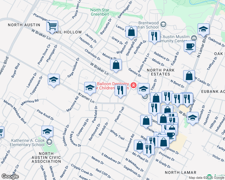 map of restaurants, bars, coffee shops, grocery stores, and more near 11201 Renel Drive in Austin