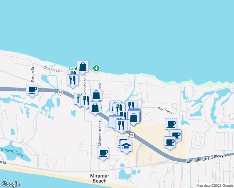 map of restaurants, bars, coffee shops, grocery stores, and more near 88 Legion Park Loop in Miramar Beach
