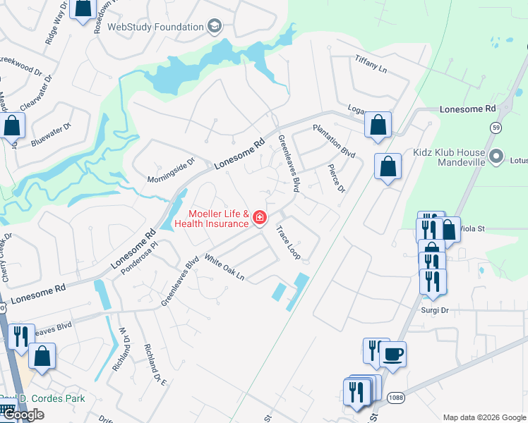map of restaurants, bars, coffee shops, grocery stores, and more near 203 Frost Lane in Mandeville