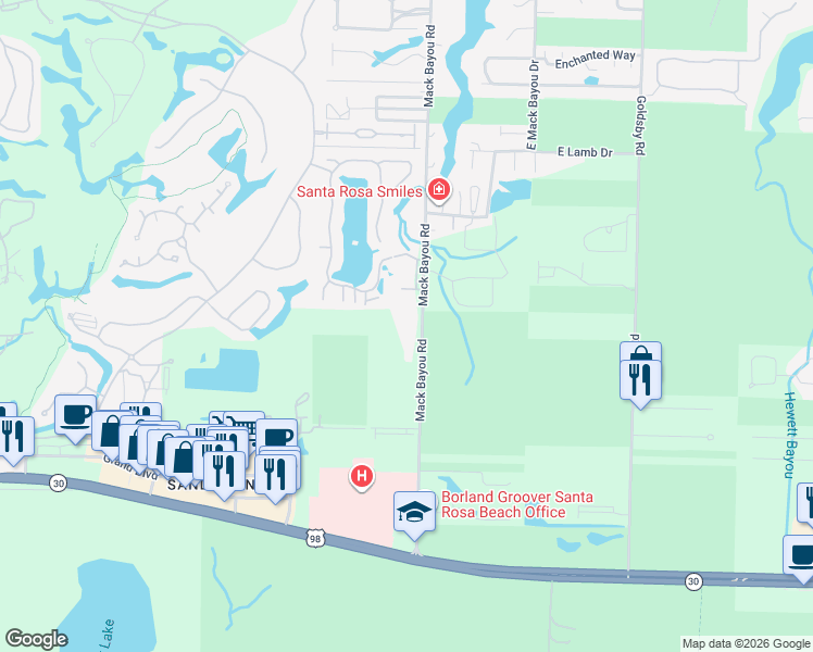 map of restaurants, bars, coffee shops, grocery stores, and more near 561 Mack Bayou Road in Santa Rosa Beach