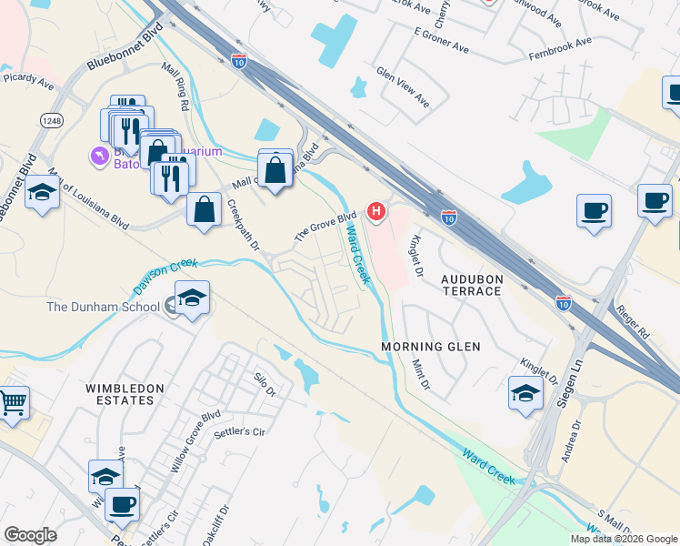 map of restaurants, bars, coffee shops, grocery stores, and more near 10222 The Grove Boulevard in Baton Rouge