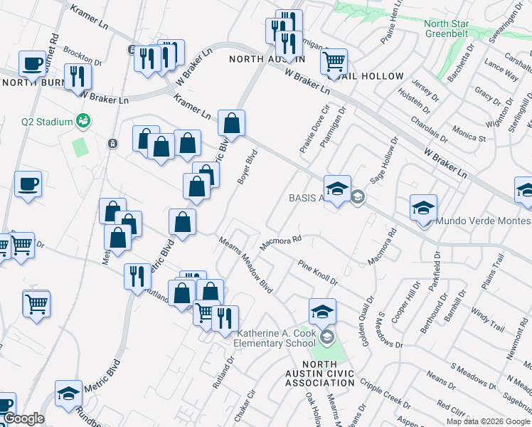 map of restaurants, bars, coffee shops, grocery stores, and more near 10612 Lanshire Drive in Austin