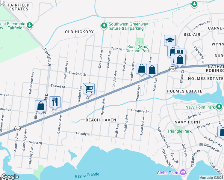 map of restaurants, bars, coffee shops, grocery stores, and more near 807 Gordon Avenue in Pensacola