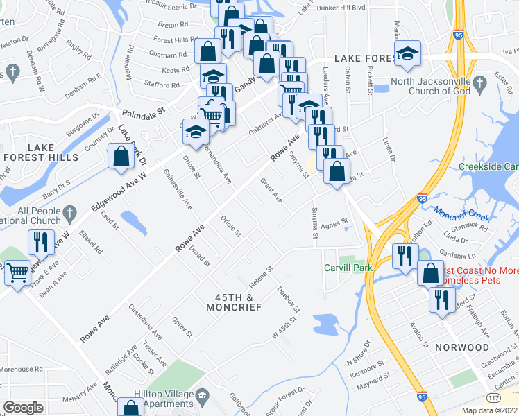 map of restaurants, bars, coffee shops, grocery stores, and more near 7416 Orlando Ave in Jacksonville