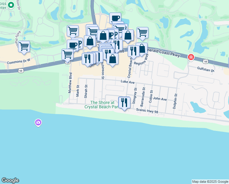 map of restaurants, bars, coffee shops, grocery stores, and more near 4446 Ocean View Drive in Destin