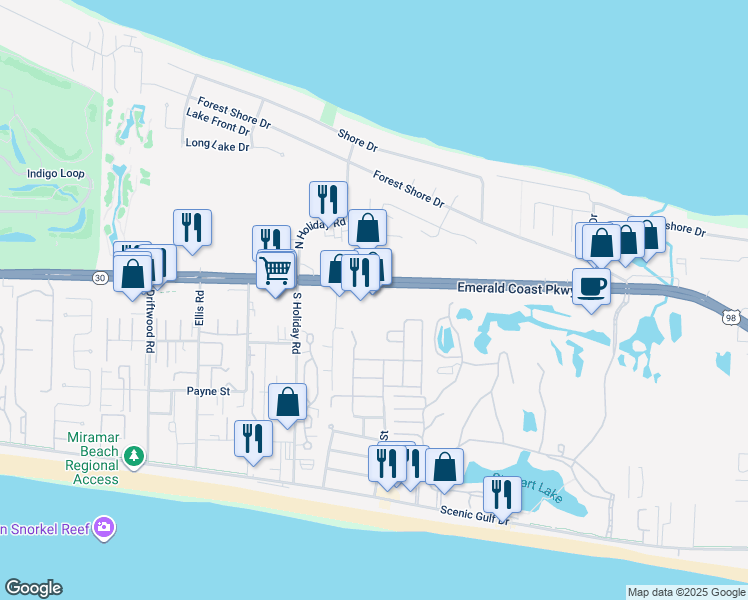 map of restaurants, bars, coffee shops, grocery stores, and more near 12273 US Highway 98 in Miramar Beach