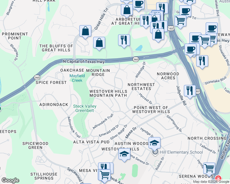 map of restaurants, bars, coffee shops, grocery stores, and more near 8719 Mountain Ridge Drive in Austin