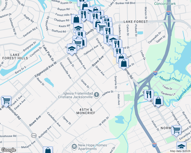 map of restaurants, bars, coffee shops, grocery stores, and more near 7416 Orlando Avenue in Jacksonville