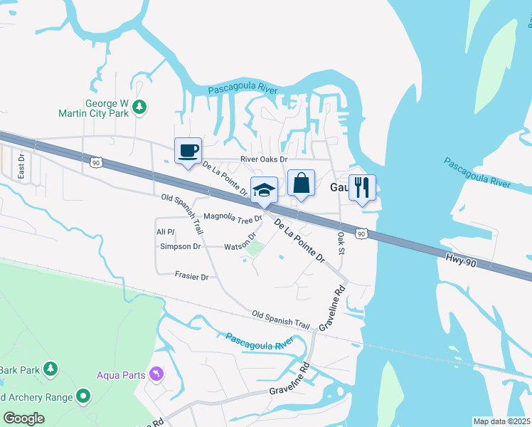 map of restaurants, bars, coffee shops, grocery stores, and more near 505 Magnolia Tree Drive in Gautier