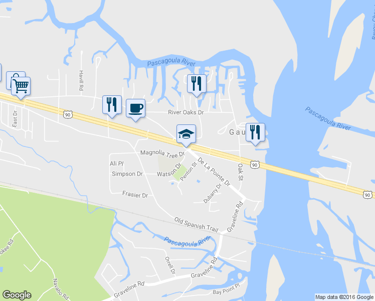 map of restaurants, bars, coffee shops, grocery stores, and more near 505 Magnolia Tree Drive in Gautier