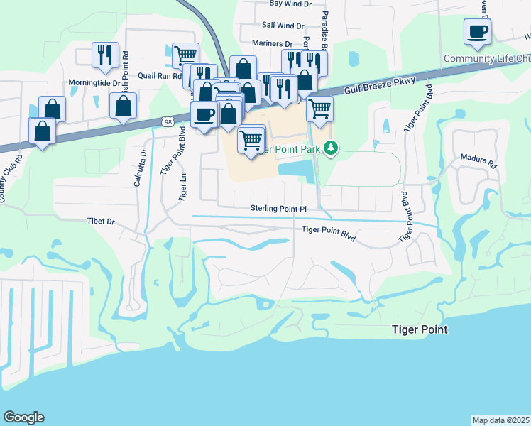 map of restaurants, bars, coffee shops, grocery stores, and more near 1235 Sterling Point Place in Gulf Breeze