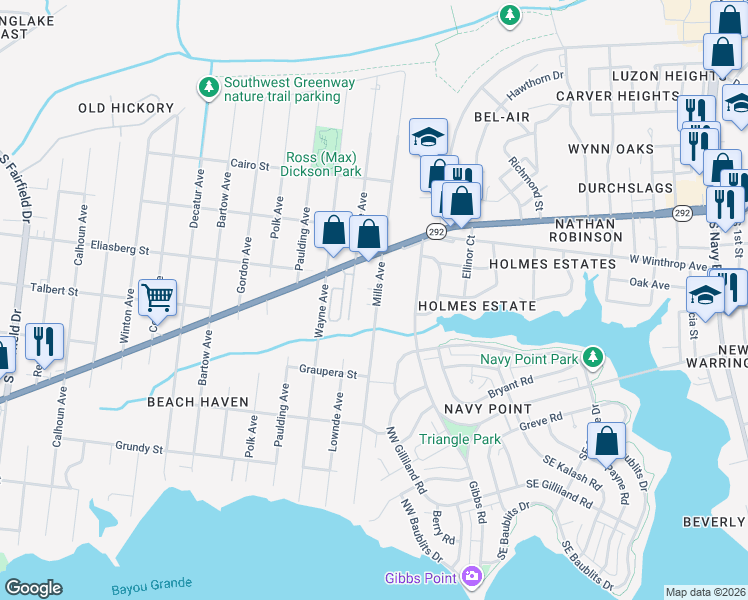 map of restaurants, bars, coffee shops, grocery stores, and more near 808 Mills Avenue in Pensacola