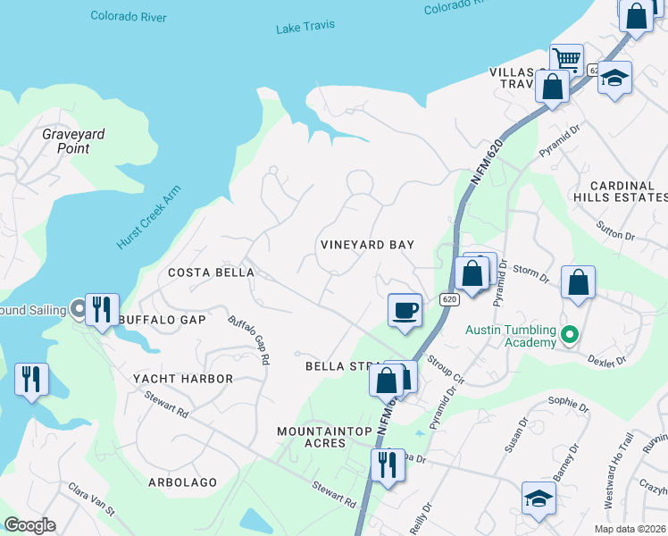 map of restaurants, bars, coffee shops, grocery stores, and more near 16027 Fontaine Avenue in Austin