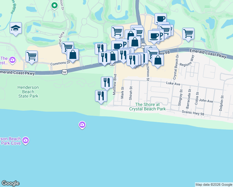 map of restaurants, bars, coffee shops, grocery stores, and more near 91 Matthew Boulevard in Destin
