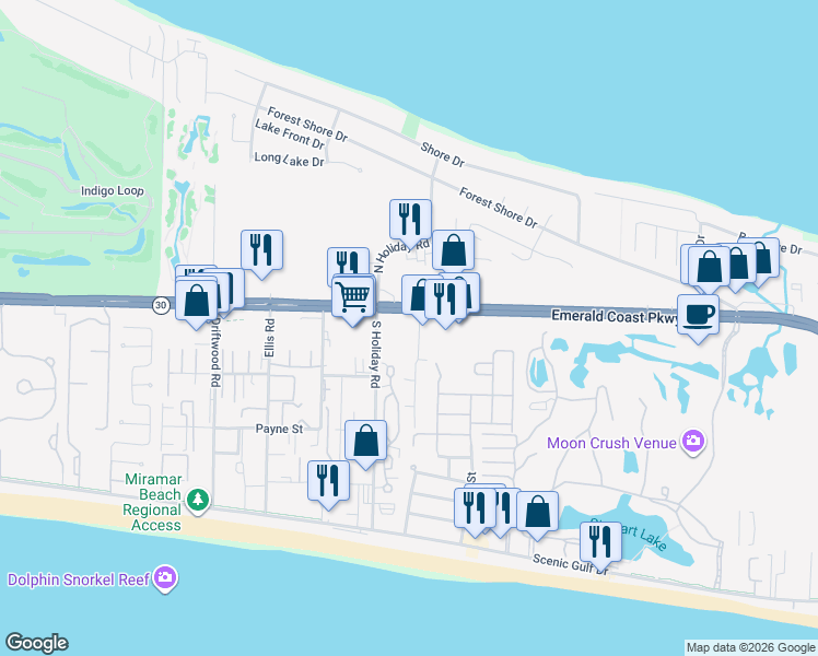 map of restaurants, bars, coffee shops, grocery stores, and more near 280 Business Centre Drive in Miramar Beach
