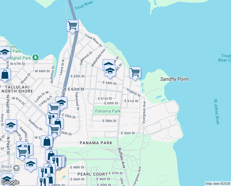 map of restaurants, bars, coffee shops, grocery stores, and more near 7114 Russell Street in Jacksonville
