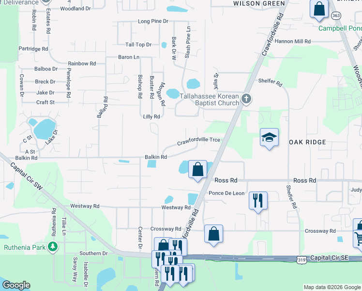 map of restaurants, bars, coffee shops, grocery stores, and more near 976 Balkin Road in Tallahassee
