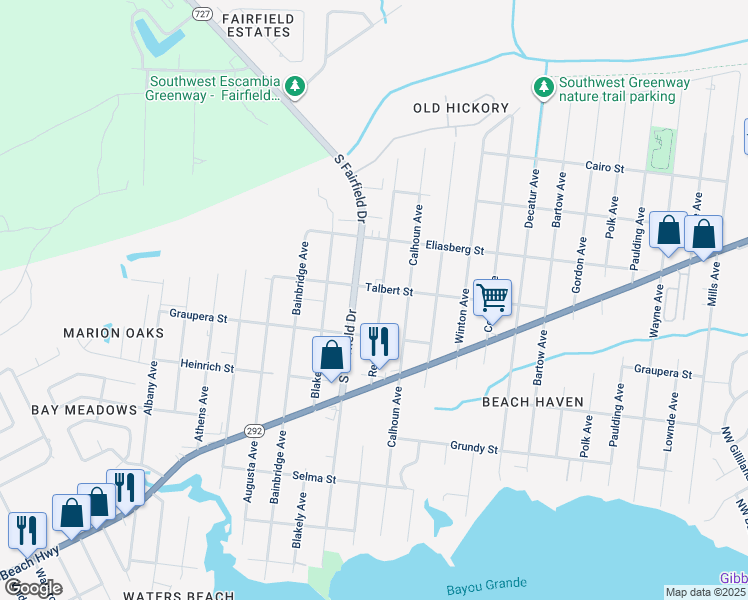 map of restaurants, bars, coffee shops, grocery stores, and more near 1650 South Fairfield Drive in Pensacola