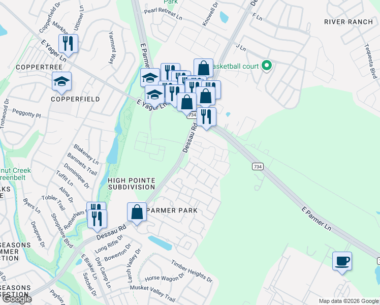 map of restaurants, bars, coffee shops, grocery stores, and more near 12209 Dessau Road in Austin