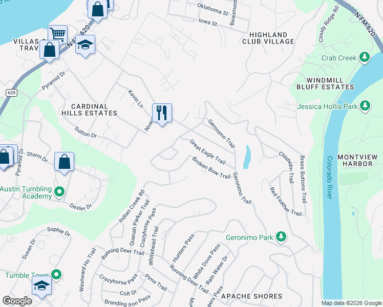 map of restaurants, bars, coffee shops, grocery stores, and more near 14706 Broken Bow Trail in Austin