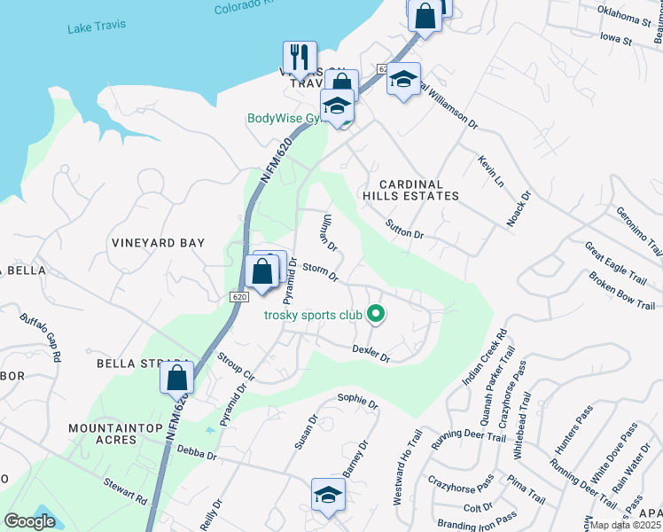 map of restaurants, bars, coffee shops, grocery stores, and more near 15308 Storm Drive in Austin