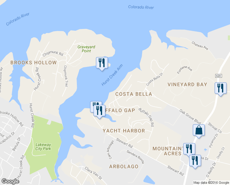 map of restaurants, bars, coffee shops, grocery stores, and more near 16425 Lake Loop in Austin