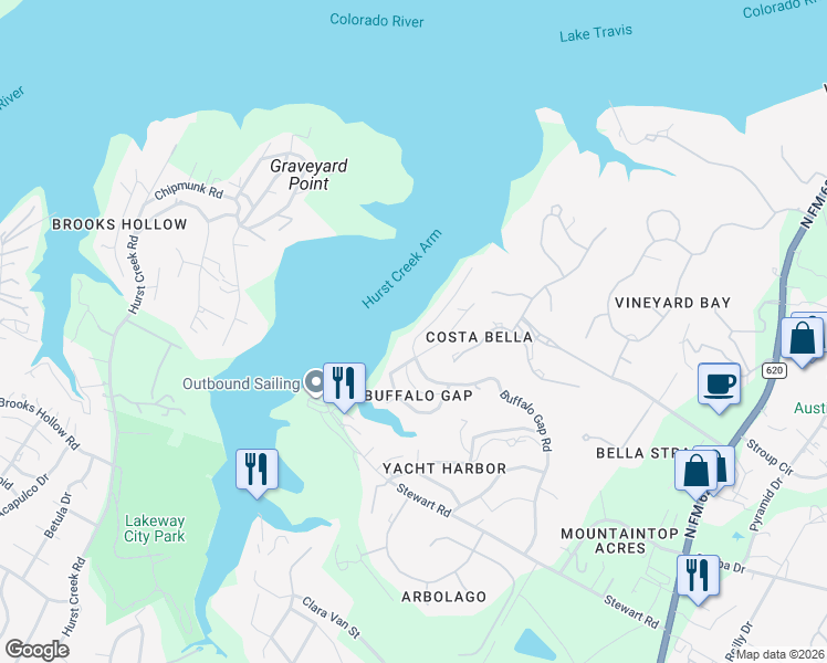 map of restaurants, bars, coffee shops, grocery stores, and more near 16425 Lake Loop in Austin