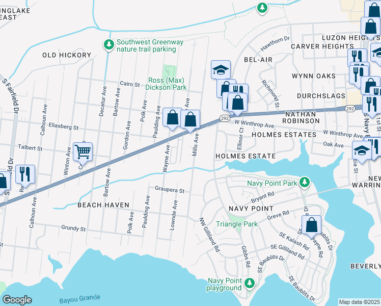 map of restaurants, bars, coffee shops, grocery stores, and more near 808 Mills Avenue in Pensacola