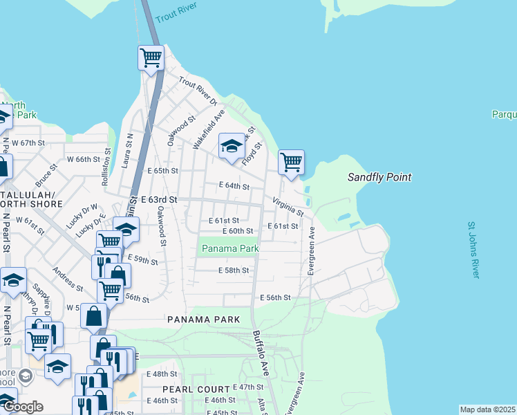 map of restaurants, bars, coffee shops, grocery stores, and more near 7124 Nelms Street in Jacksonville