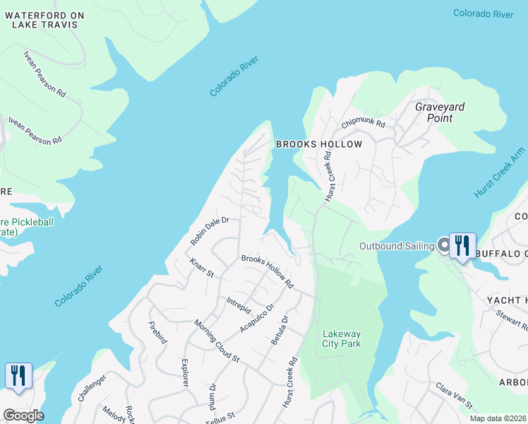map of restaurants, bars, coffee shops, grocery stores, and more near 701 Brooks Hollow Road in Lakeway