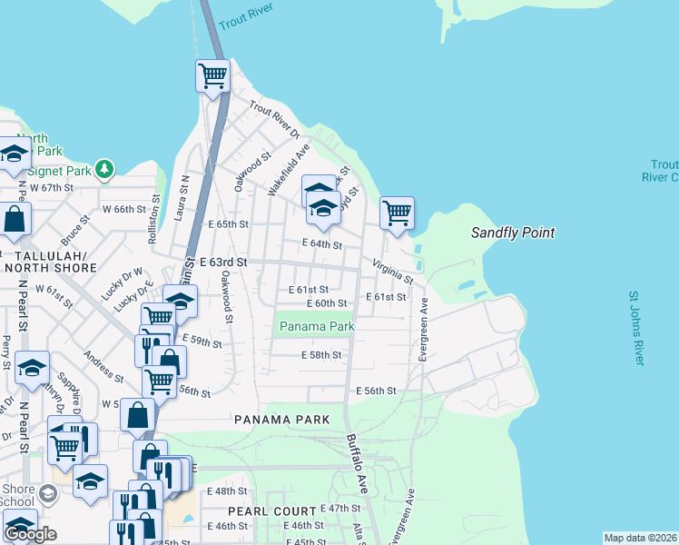map of restaurants, bars, coffee shops, grocery stores, and more near 7114 Russell Street in Jacksonville