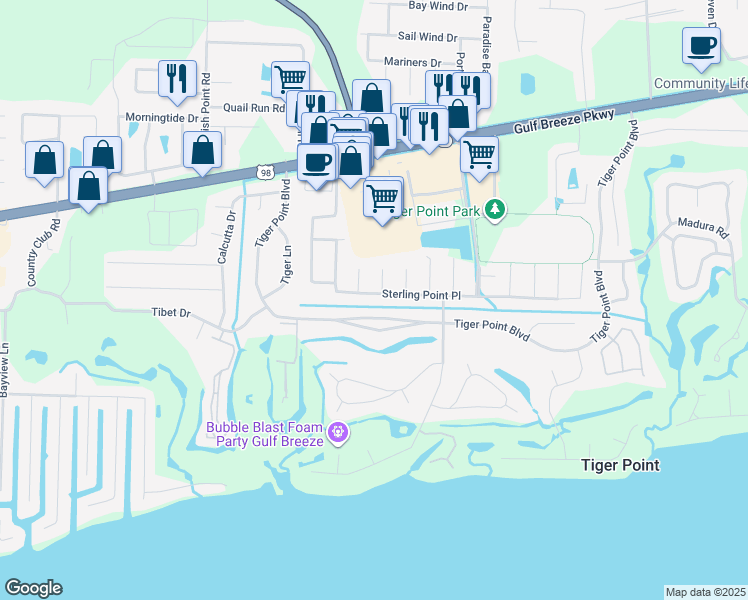 map of restaurants, bars, coffee shops, grocery stores, and more near 3720 Tiger Point Boulevard in Gulf Breeze